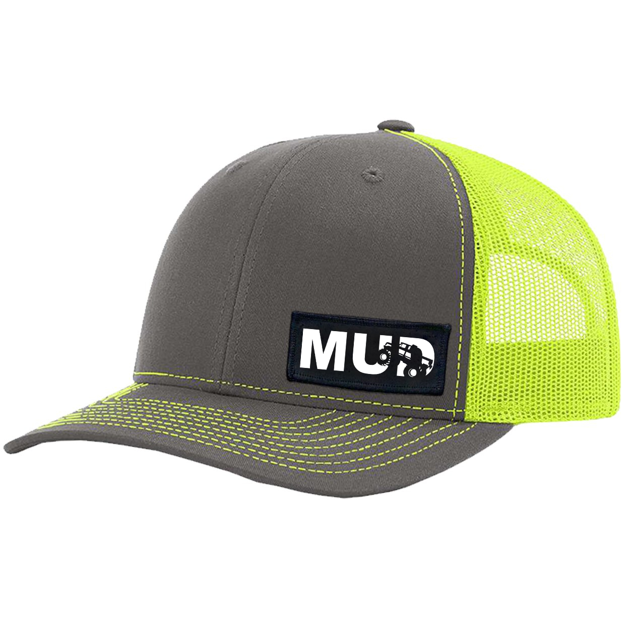 Mud Truck Logo Night Out Woven Patch Snapback Trucker Hat Gray/Neon Yellow (White Logo)