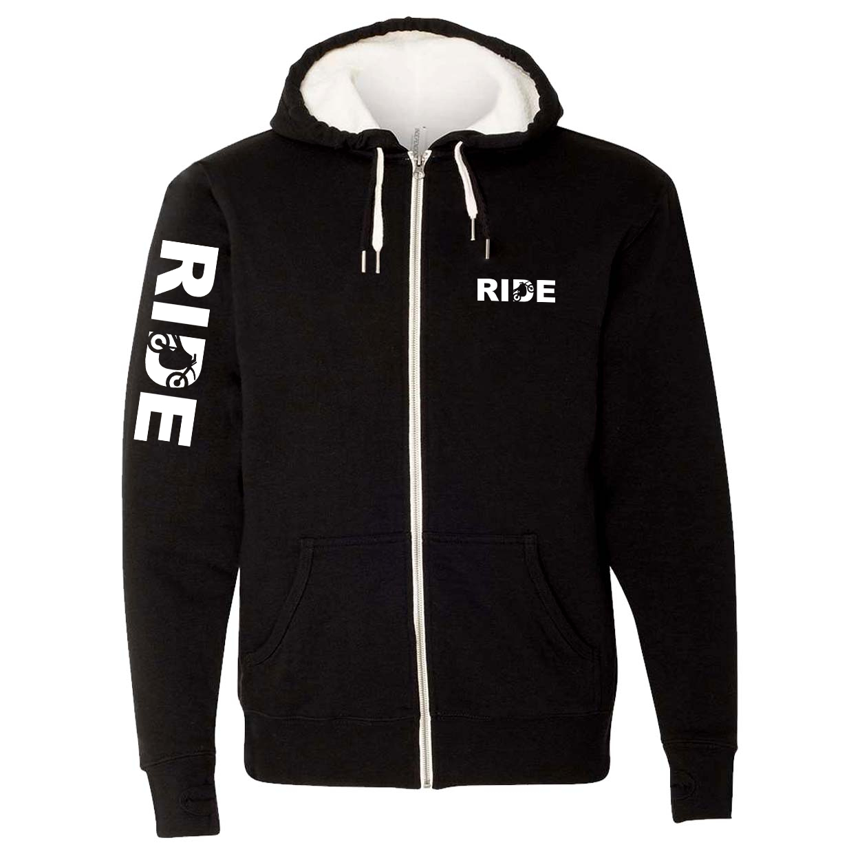 Ride Moto Logo Classic Sherpa-Lined Hooded Zip Up Sweatshirt Black (White Logo)