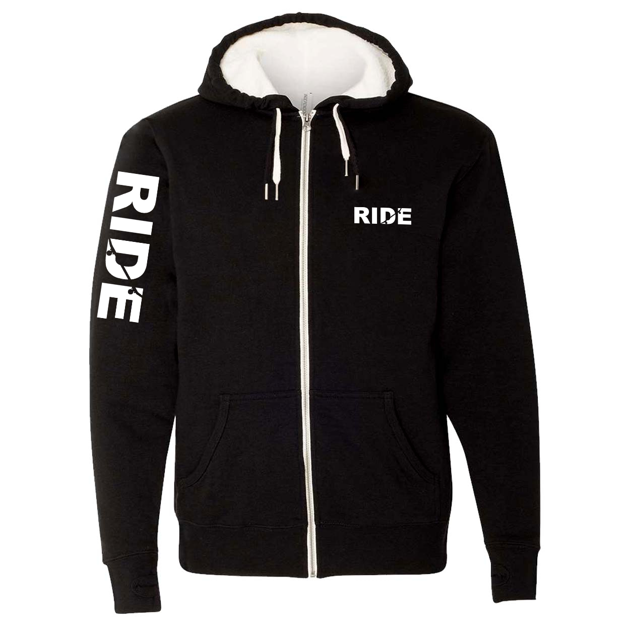 Ride Skateboard Logo Classic Sherpa-Lined Hooded Zip Up Sweatshirt Black (White Logo)