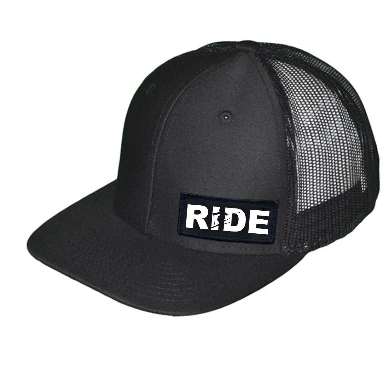 Ride Ski Logo Night Out Woven Patch Snapback Trucker Hat Black (White Logo)