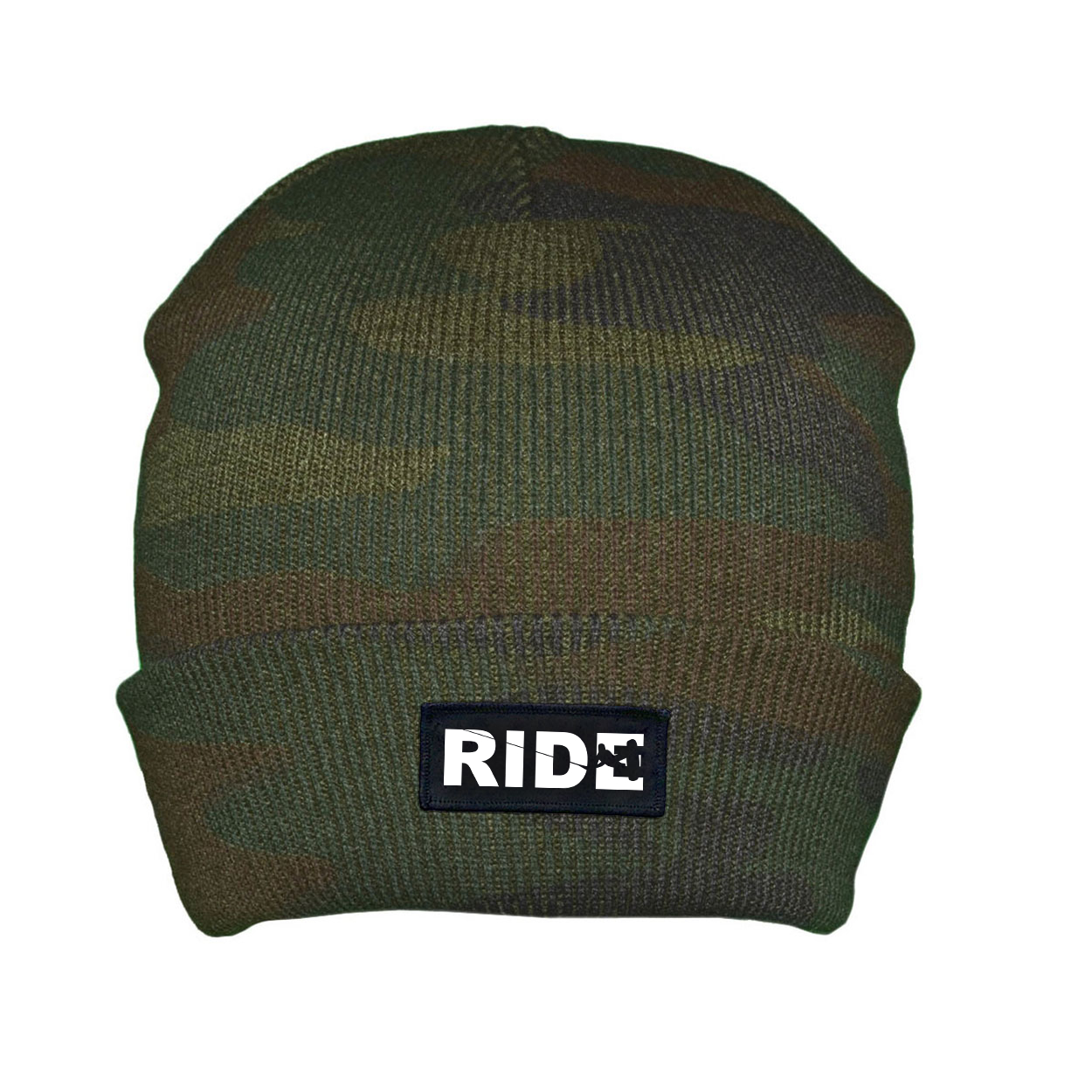 Ride Wakeboard Logo Night Out Woven Patch Roll Up Skully Beanie Camo (White Logo)