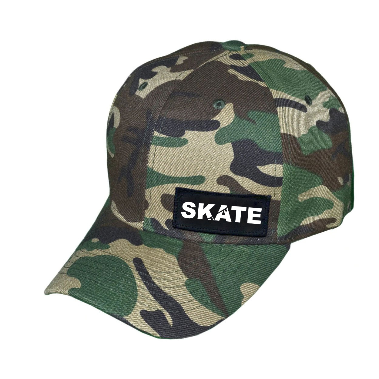 Skate Ollie Skateboard Logo Night Out Woven Patch Velcro Trucker Hat Camo (White Logo)