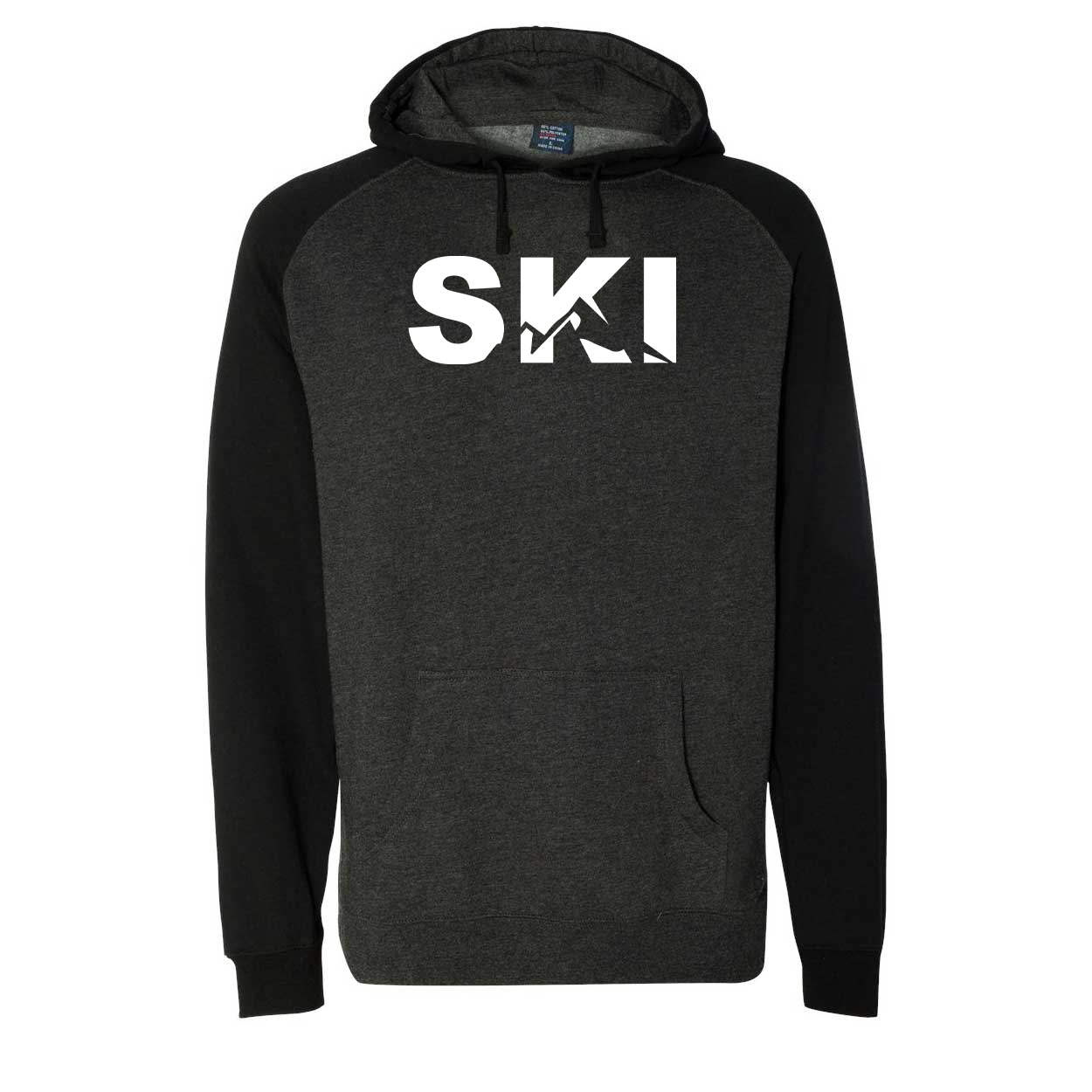 Ski Mountain Logo Classic Raglan Hooded Pullover Sweatshirt Charcoal/Heather Black (White Logo)