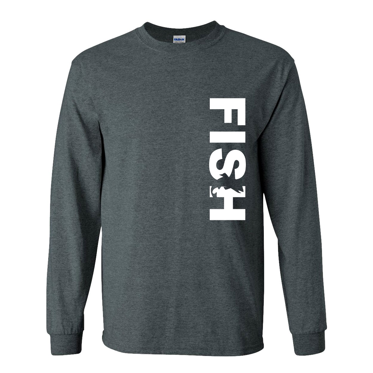 Fish Catch Logo Classic Vertical Long Sleeve T-Shirt Dark Heather Gray (White Logo)