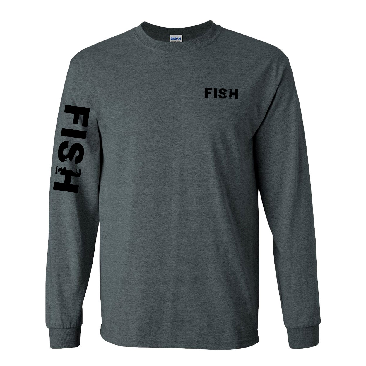 Fish Catch Logo Night Out Long Sleeve T-Shirt with Arm Logo Dark Heather Gray (Black Logo)
