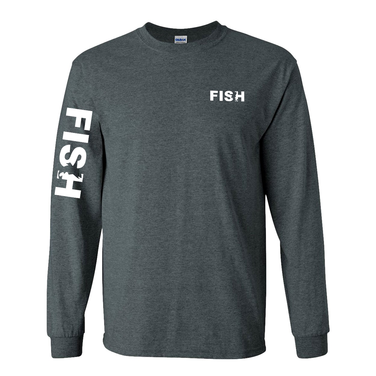 Fish Catch Logo Night Out Long Sleeve T-Shirt with Arm Logo Dark Heather Gray (White Logo)