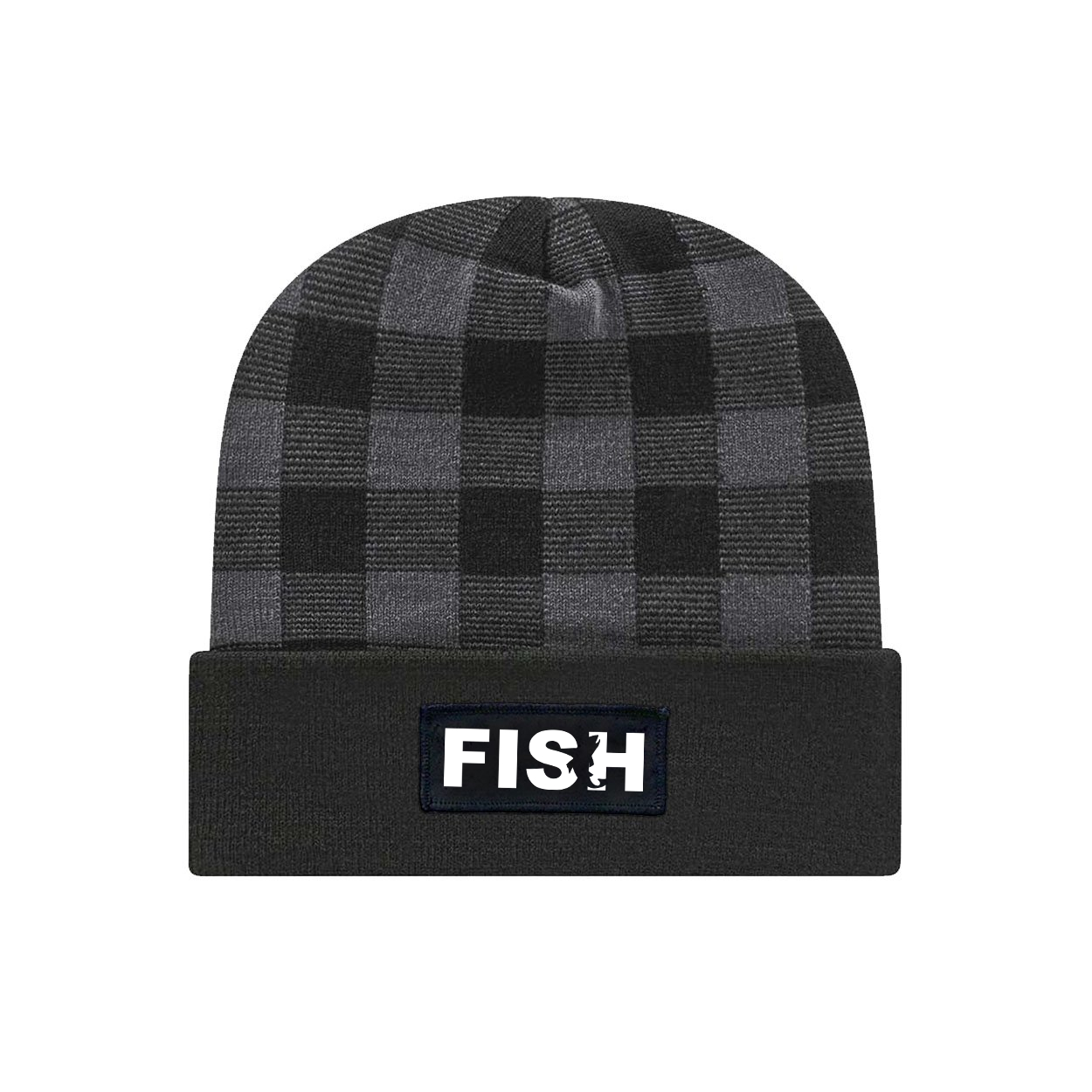 Fish Catch Logo Night Out Woven Patch Roll Up Plaid Beanie Black/Heather Gray (White Logo)