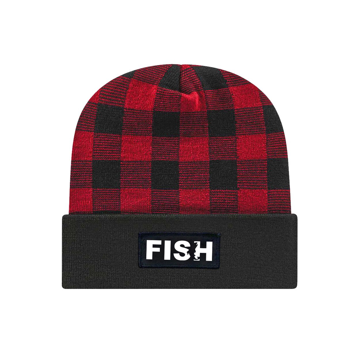 Fish Catch Logo Night Out Woven Patch Roll Up Plaid Beanie Black/True Red (White Logo)