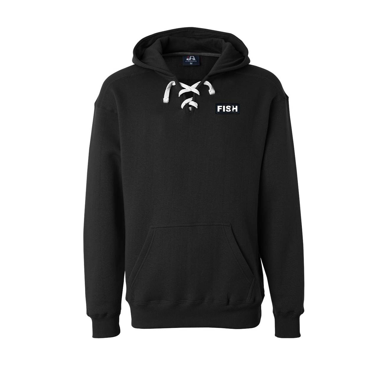 Fish Catch Logo Night Out Woven Patch Unisex Premium Hockey Sweatshirt Black (White Logo)