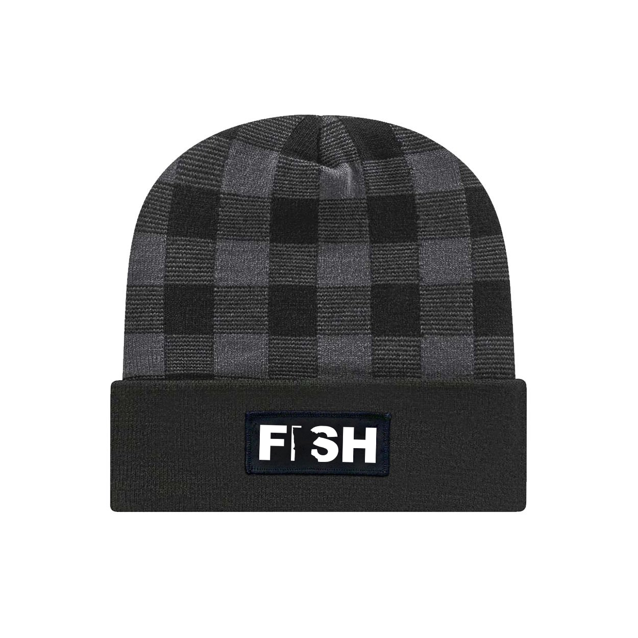 Fish Minnesota Night Out Woven Patch Roll Up Plaid Beanie Black/Heather Gray (White Logo)