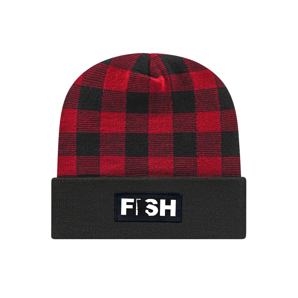 Fish Minnesota Night Out Woven Patch Roll Up Plaid Beanie Black/True Red (White Logo)
