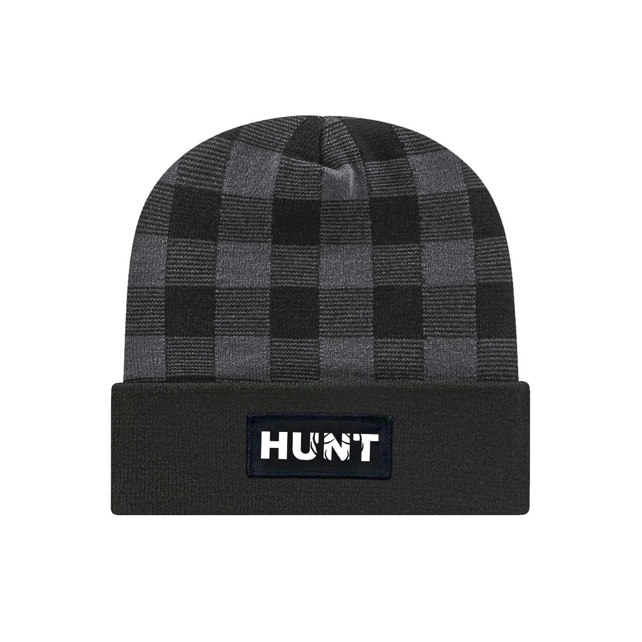 Hunt Rack Logo Night Out Woven Patch Roll Up Plaid Beanie Black/Heather Gray (White Logo)
