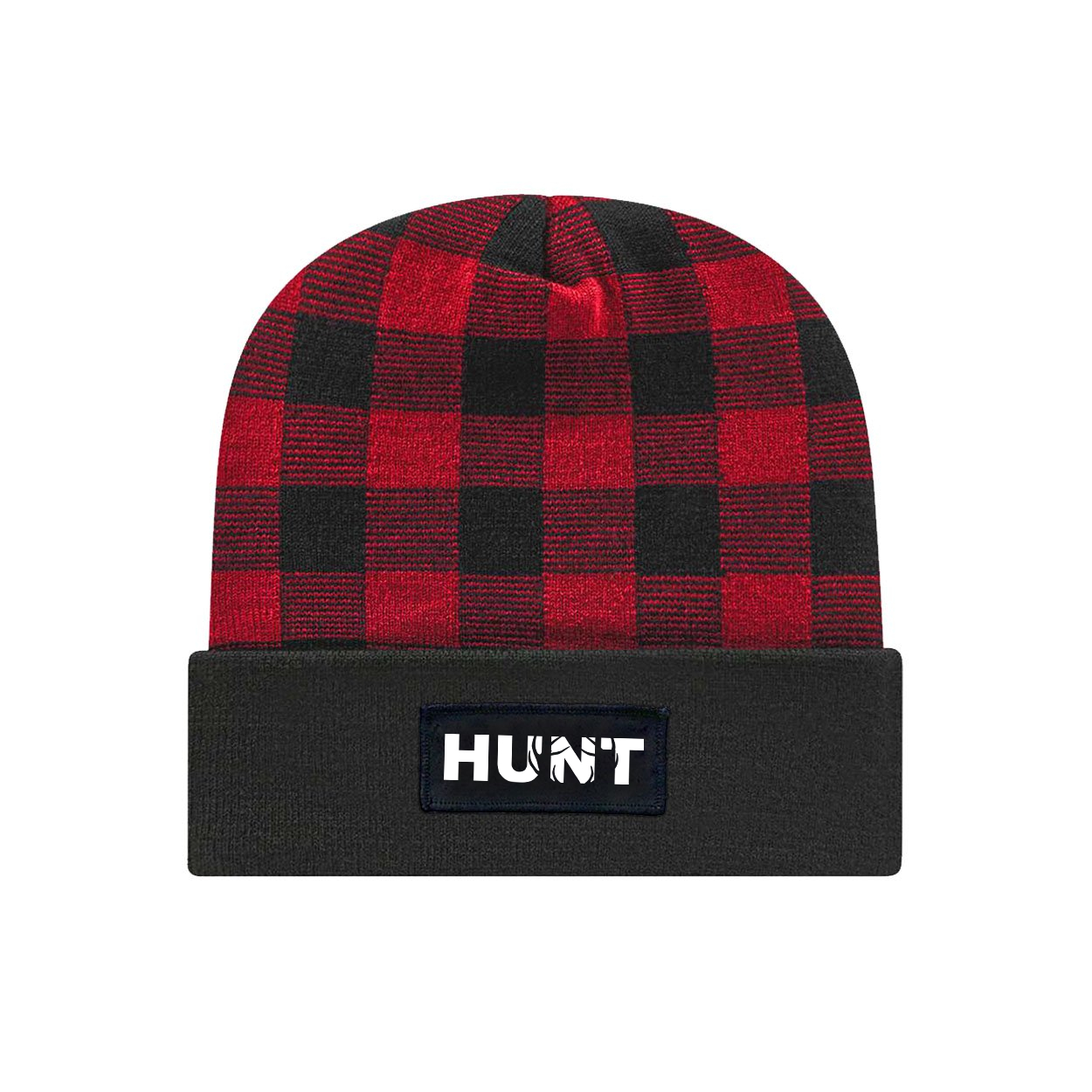 Hunt Rack Logo Night Out Woven Patch Roll Up Plaid Beanie Black/True Red (White Logo)