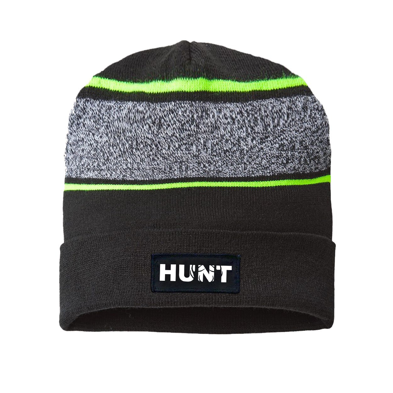 Hunt Rack Logo Night Out Woven Patch Roll Up Skully Neon Striped Beanie Black/Neon Yellow (White Logo)