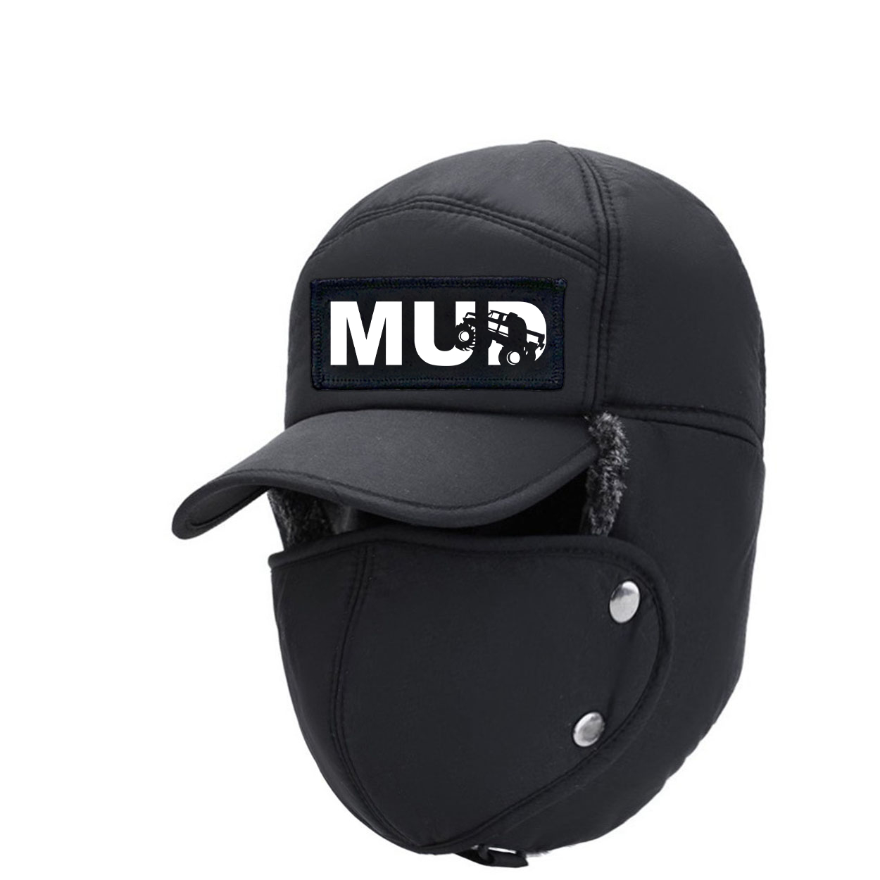 Mud Truck Logo Classic Woven Patch Full Face Windproof Bomber Hat Black (White Logo)