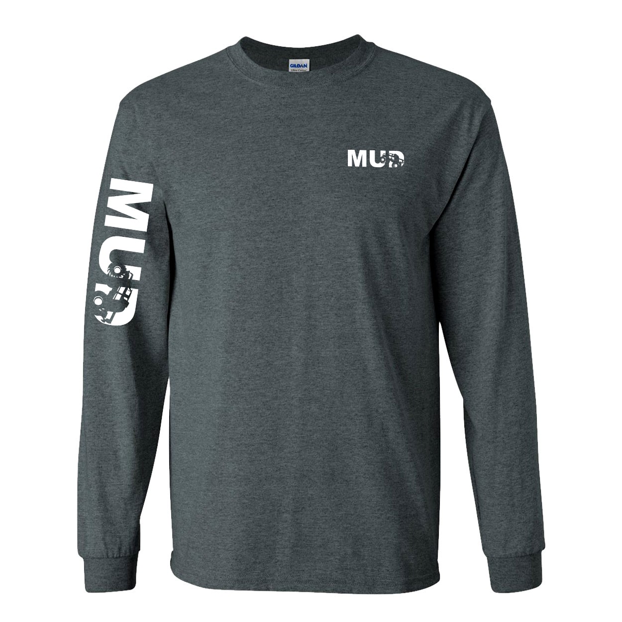 Mud Truck Logo Night Out Long Sleeve T-Shirt with Arm Logo Dark Heather Gray (White Logo)