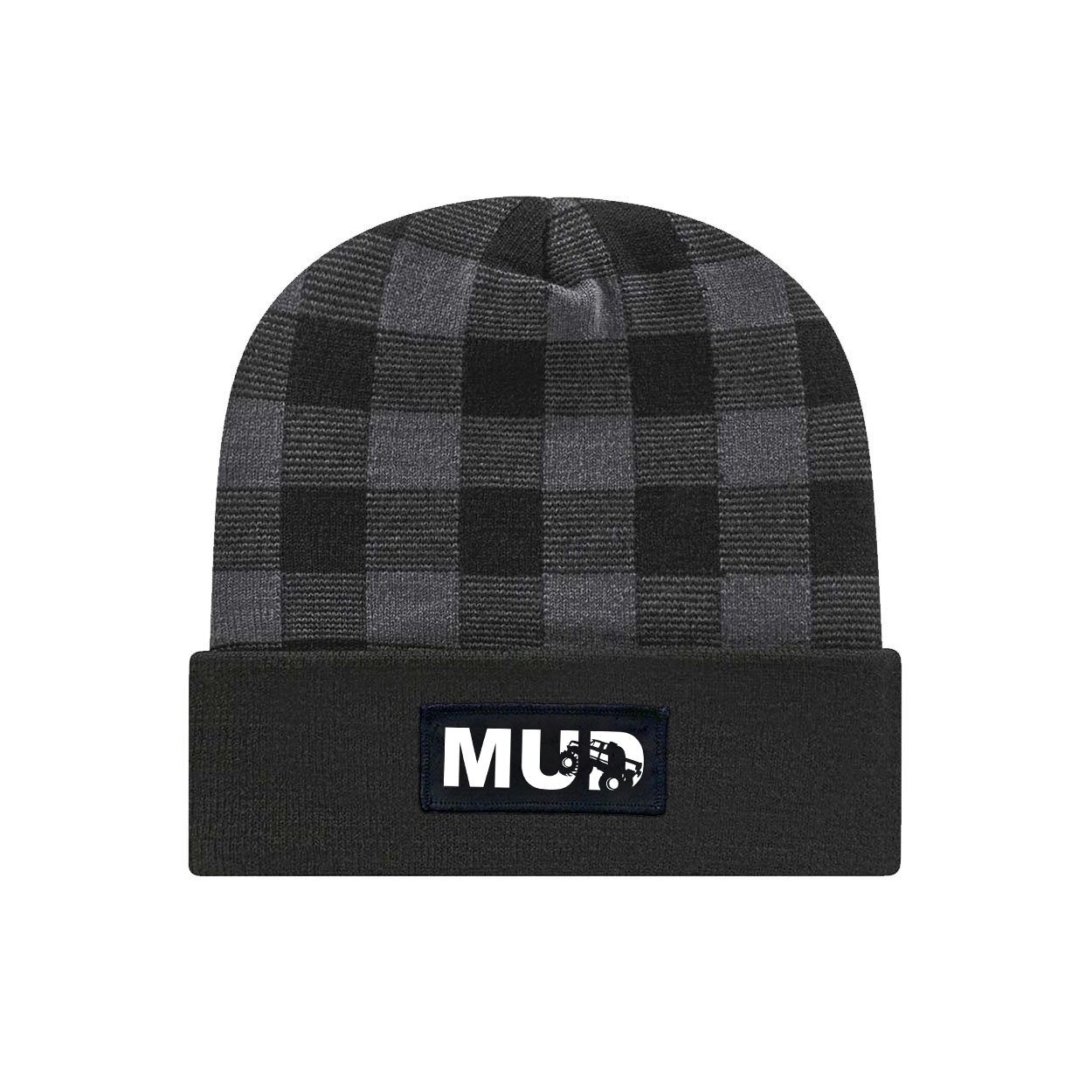 Mud Truck Logo Night Out Woven Patch Roll Up Plaid Beanie Black/Heather Gray (White Logo)