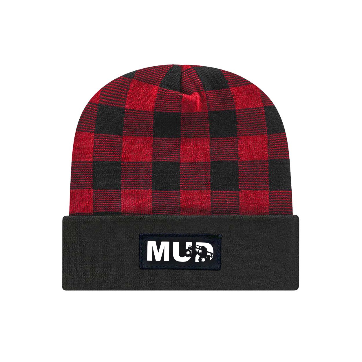 Mud Truck Logo Night Out Woven Patch Roll Up Plaid Beanie Black/True Red (White Logo)