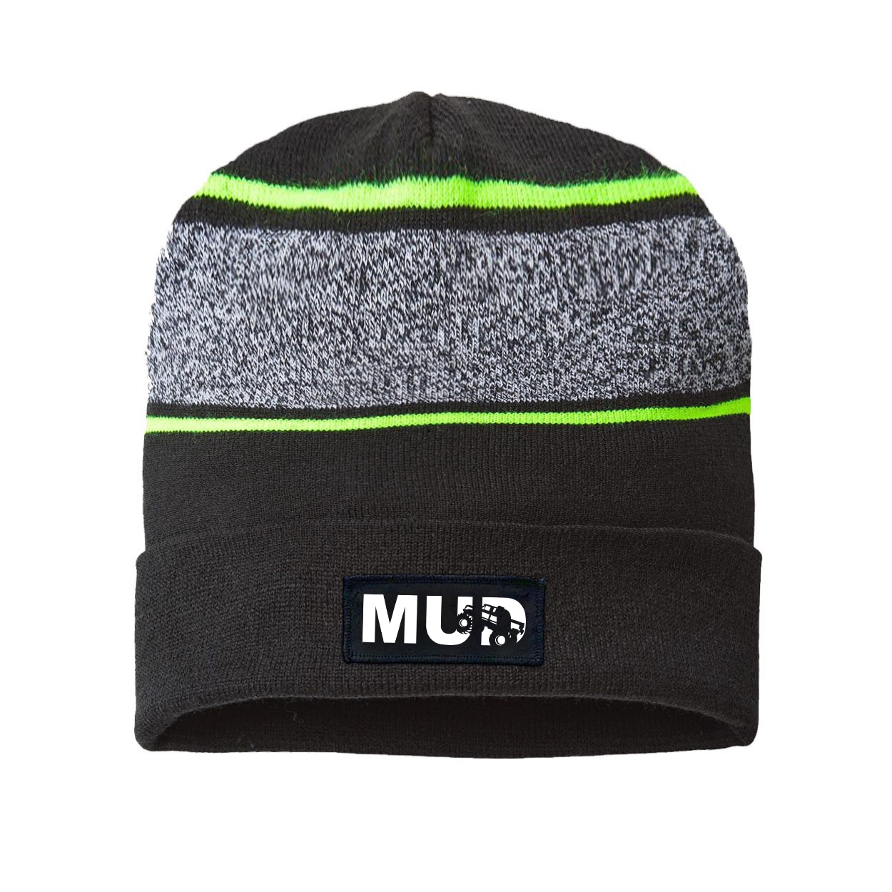 Mud Truck Logo Night Out Woven Patch Roll Up Skully Neon Striped Beanie Black/Neon Yellow (White Logo)