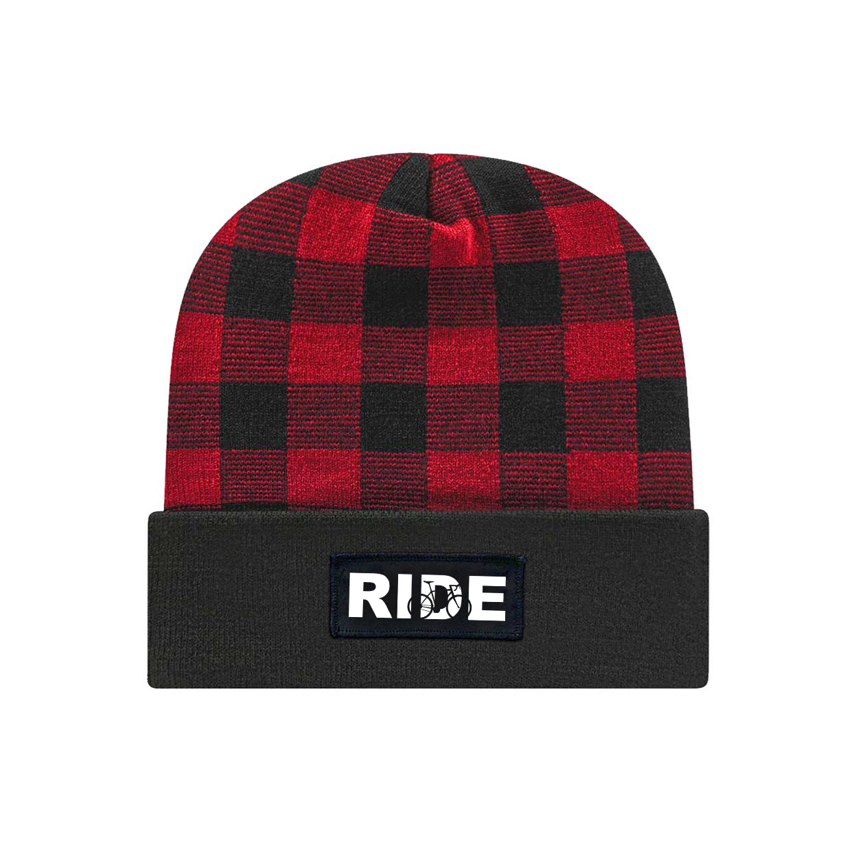 Ride Cycle Logo Night Out Woven Patch Roll Up Plaid Beanie Black/True Red (White Logo)
