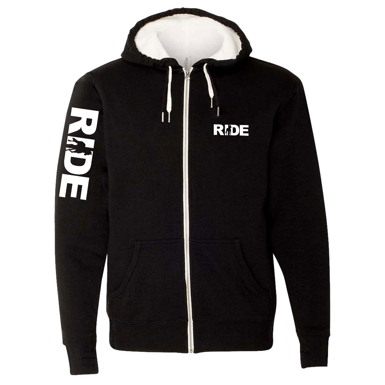 Ride Horse Logo Classic Sherpa-Lined Hooded Zip Up Sweatshirt Black (White Logo)