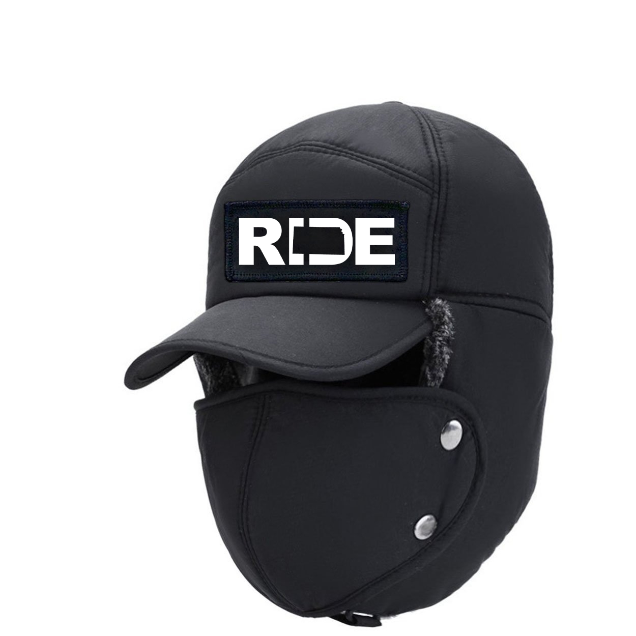 Ride Kansas Classic Woven Patch Full Face Windproof Bomber Hat Black (White Logo)