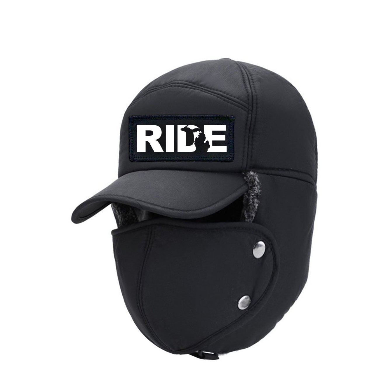 Ride Michigan Classic Woven Patch Full Face Windproof Bomber Hat Black (White Logo)