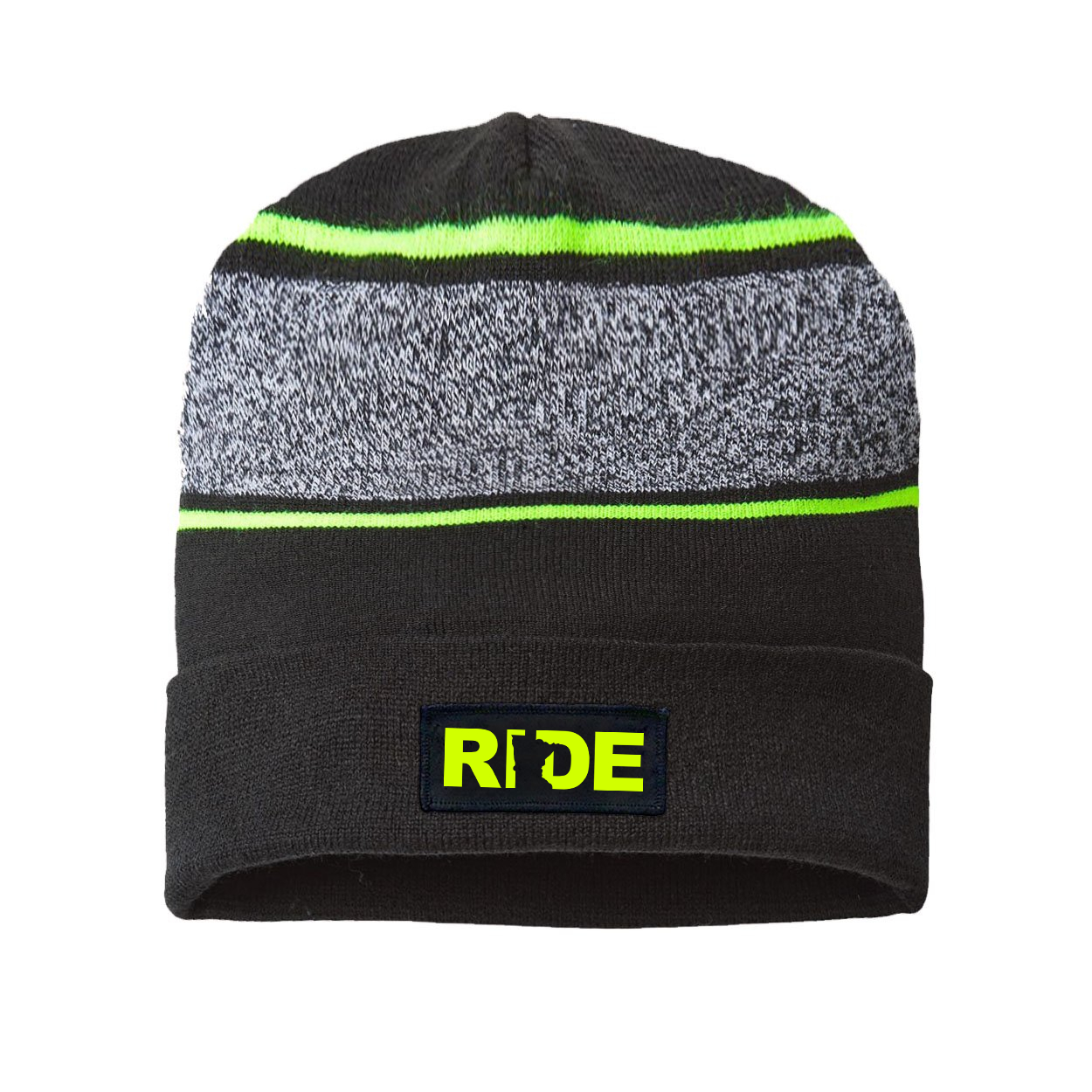 Ride Minnesota Night Out Woven Patch Roll Up Skully Neon Striped Beanie Black/Neon Yellow (Hi-Vis Logo)