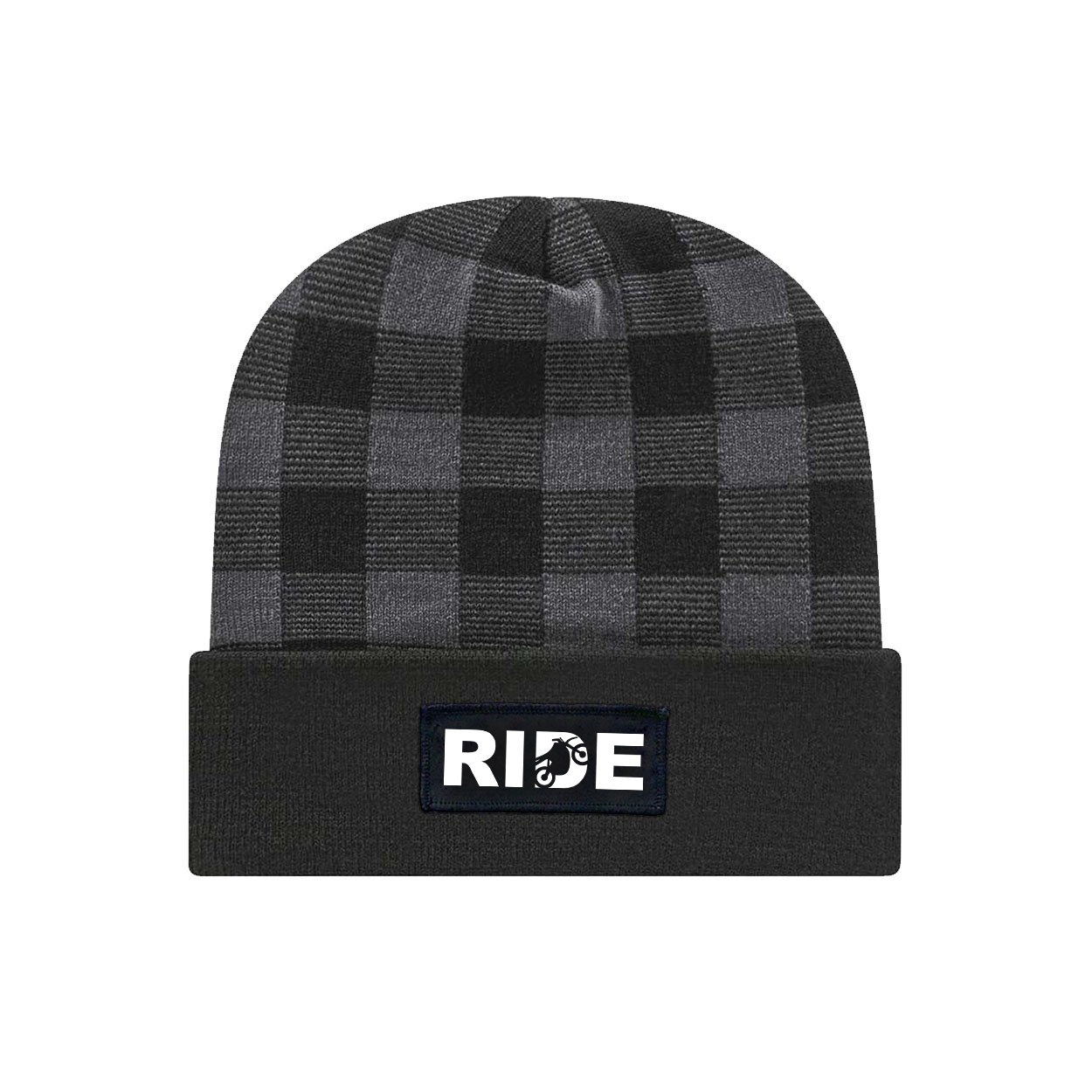 Ride Moto Logo Night Out Woven Patch Roll Up Plaid Beanie Black/Heather Gray (White Logo)