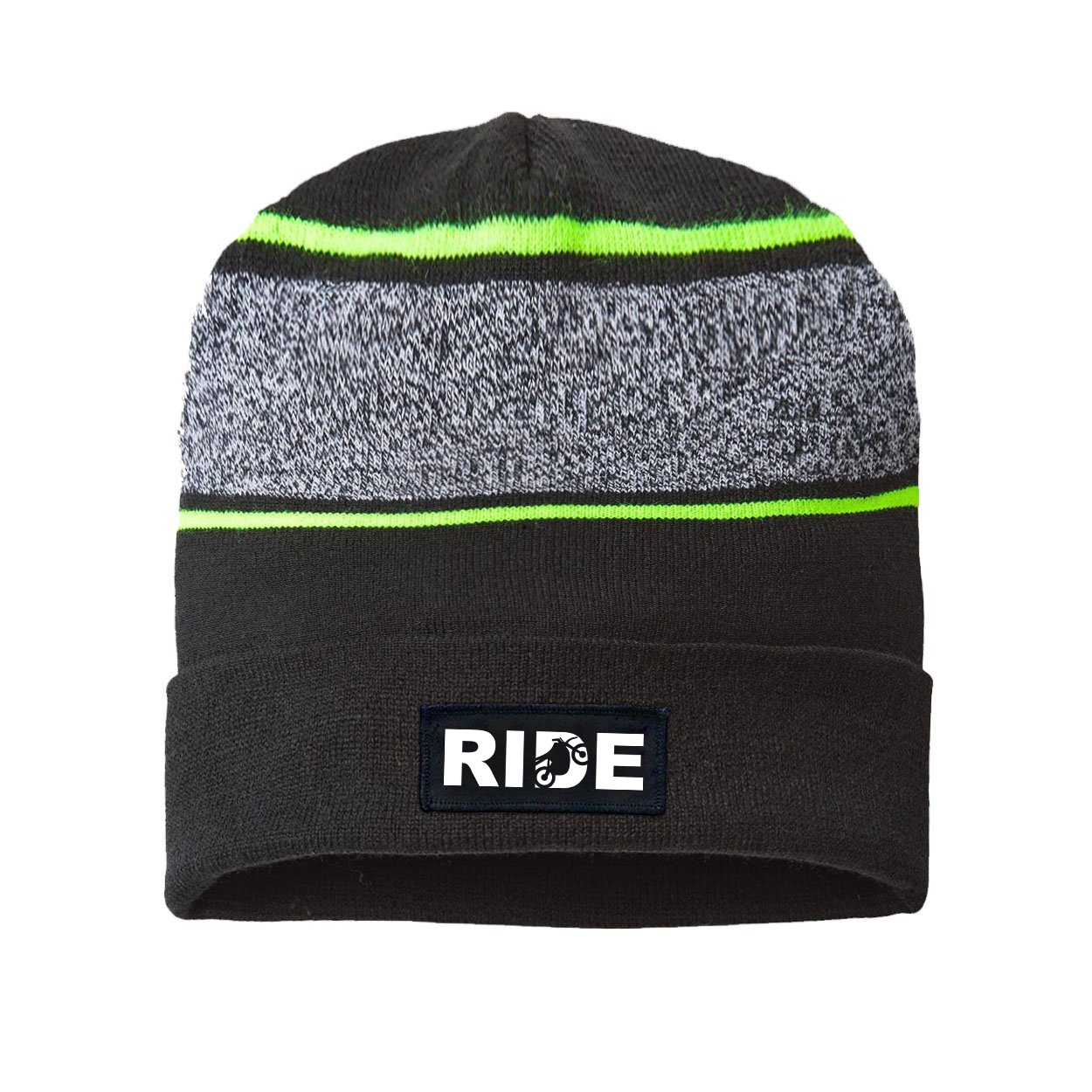 Ride Moto Logo Night Out Woven Patch Roll Up Skully Neon Striped Beanie Black/Neon Yellow (White Logo)