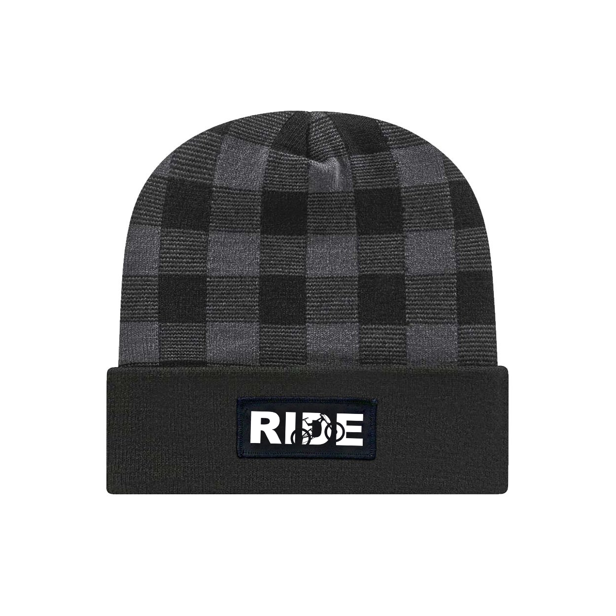 Ride MTB Logo Night Out Woven Patch Roll Up Plaid Beanie Black/Heather Gray (White Logo)
