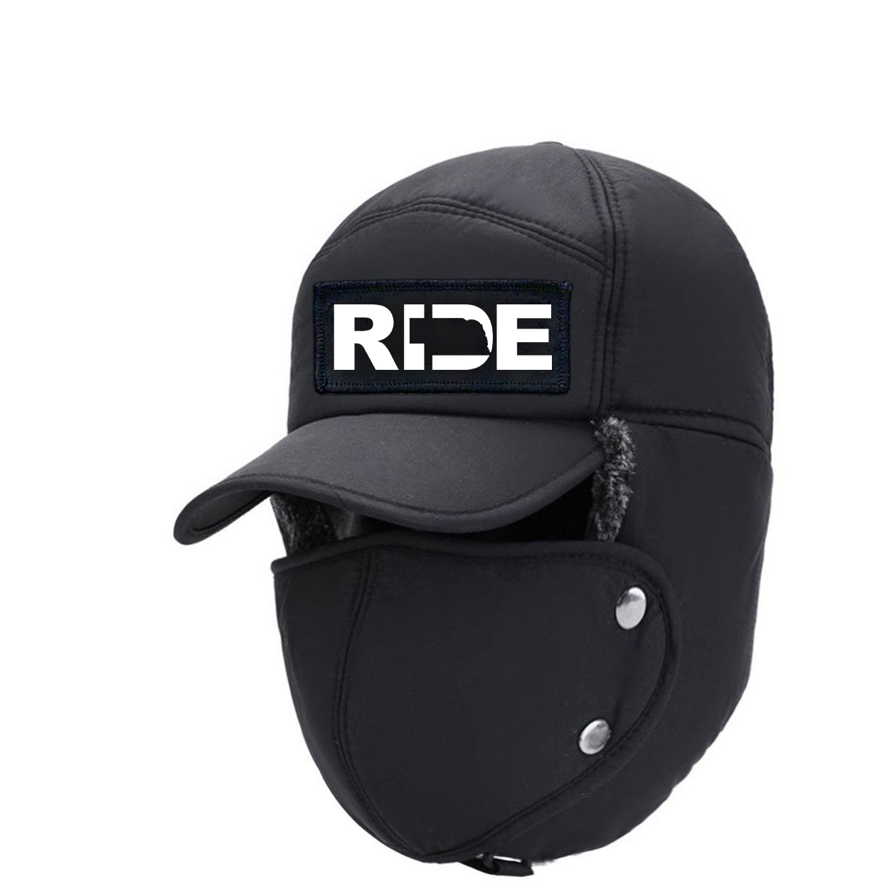 Ride Nebraska Classic Woven Patch Full Face Windproof Bomber Hat Black (White Logo)