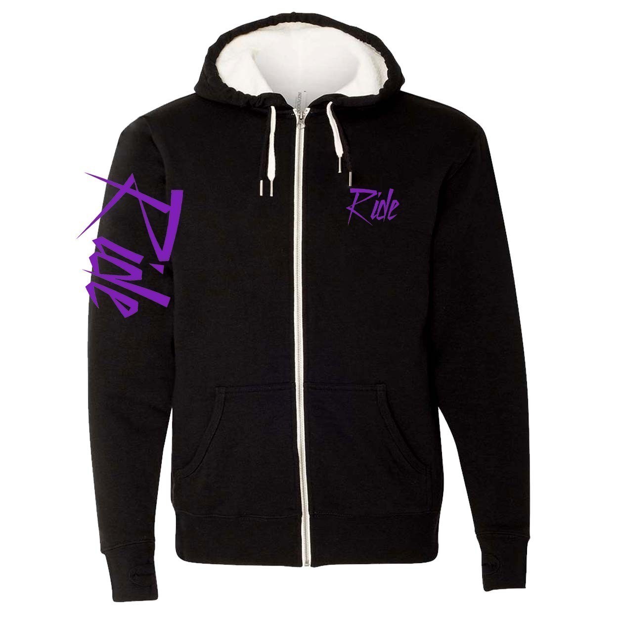 Ride Purple Logo Classic Sherpa-Lined Hooded Zip Up Sweatshirt Black (White Logo)