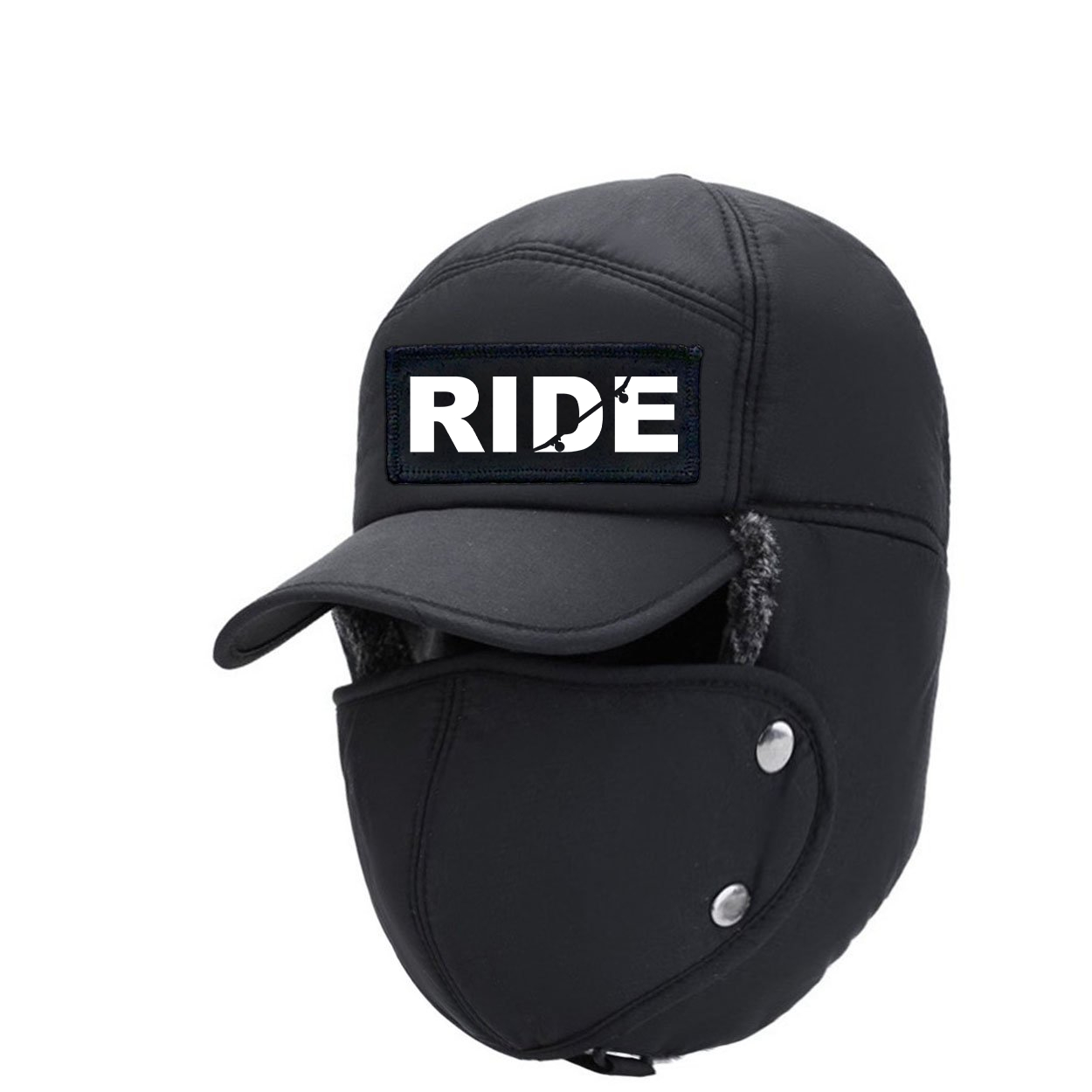 Ride Skateboard Logo Classic Woven Patch Full Face Windproof Bomber Hat Black (White Logo)