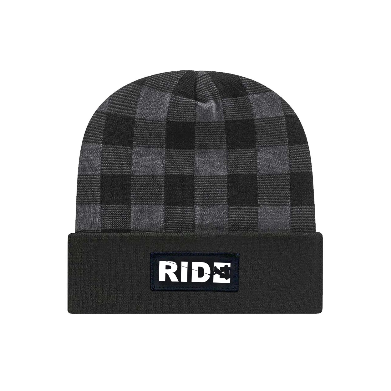 Ride Wakeboard Logo Night Out Woven Patch Roll Up Plaid Beanie Black/Heather Gray (White Logo)