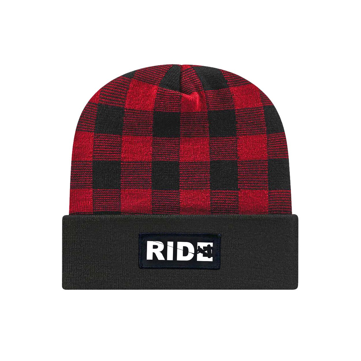 Ride Wakeboard Logo Night Out Woven Patch Roll Up Plaid Beanie Black/True Red (White Logo)