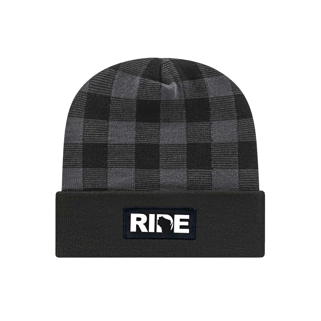 Ride Wisconsin Night Out Woven Patch Roll Up Plaid Beanie Black/Heather Gray (White Logo)