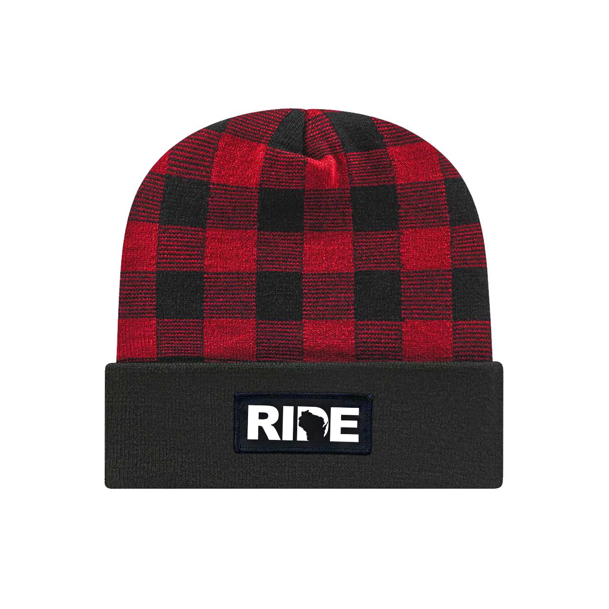 Ride Wisconsin Night Out Woven Patch Roll Up Plaid Beanie Black/True Red (White Logo)