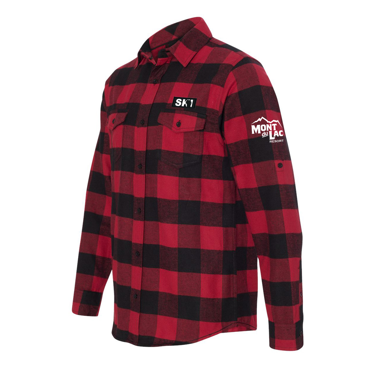 Mont Du Lac Classic Ski Wisconsin Unisex Long Sleeve Woven Patch Flannel Shirt Red/Black Buffalo (White Logo)