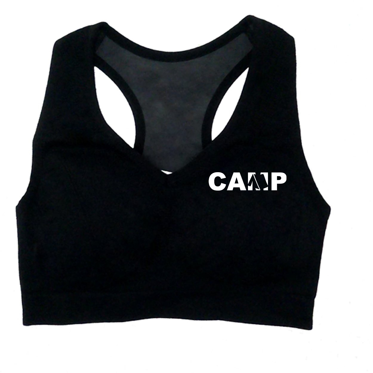 Camp Tent Logo Classic Womens High Support Scoop Neck Cut Out Back Sports Bra (White Logo)