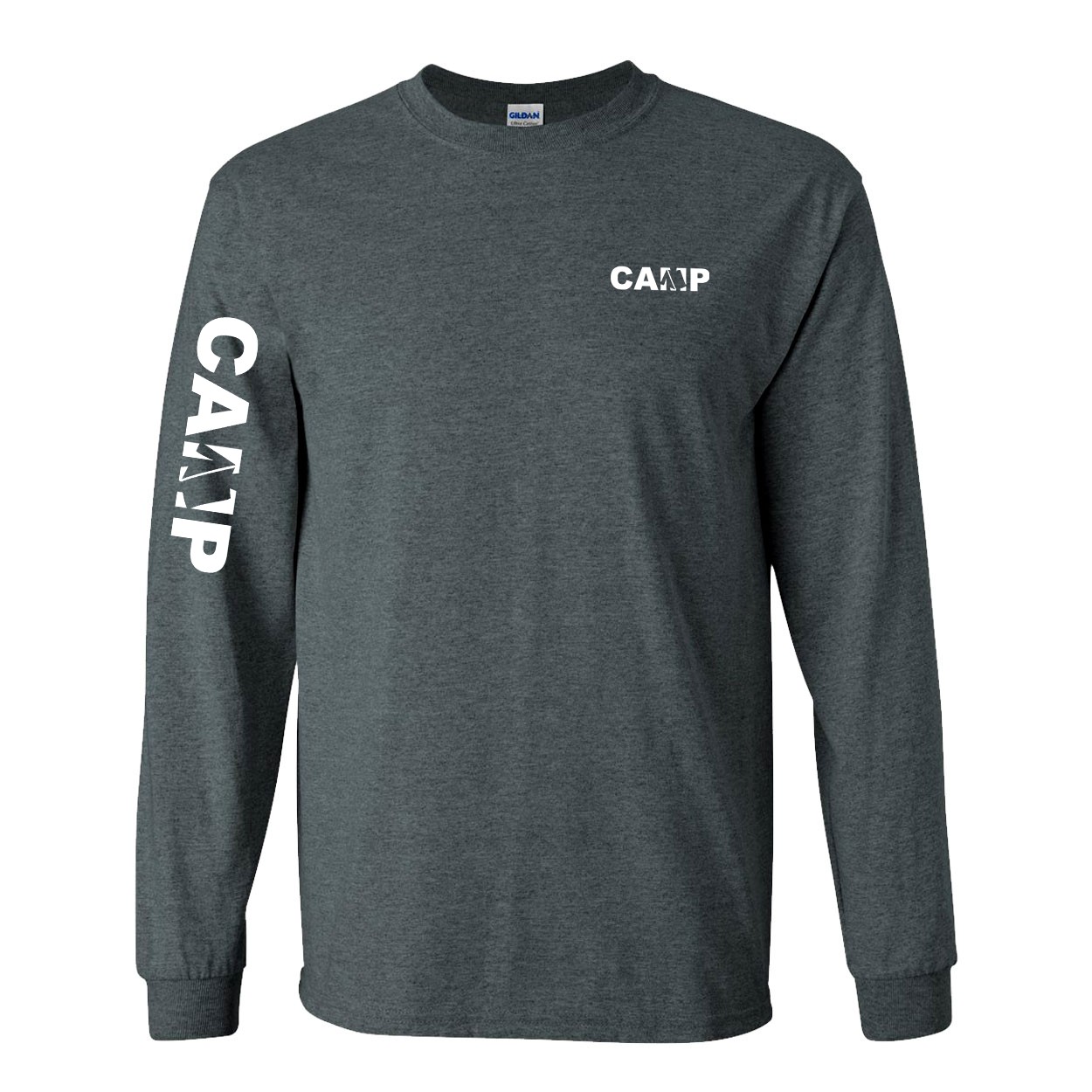 Camp Tent Logo Night Out Long Sleeve T-Shirt with Arm Logo Dark Heather Gray (White Logo)
