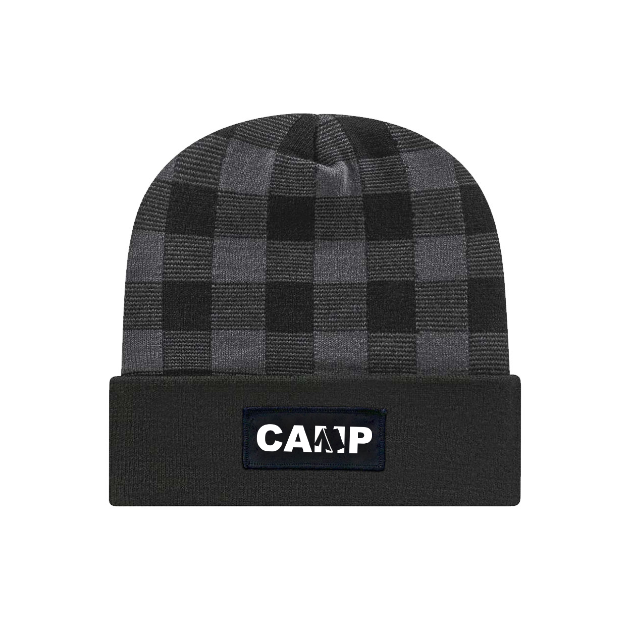 Camp Tent Logo Night Out Woven Patch Roll Up Plaid Beanie Black/Heather Gray (White Logo)