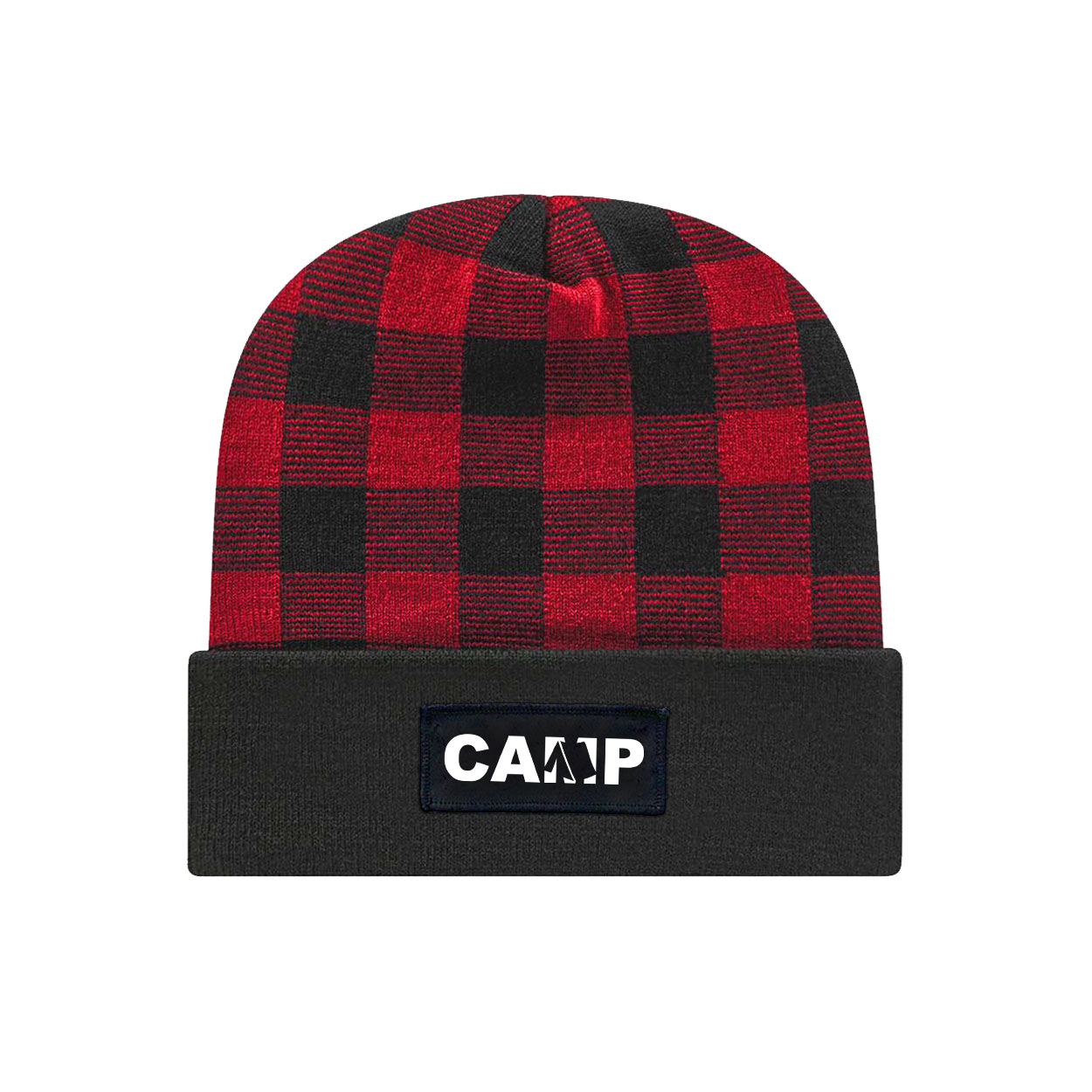 Camp Tent Logo Night Out Woven Patch Roll Up Plaid Beanie Black/True Red (White Logo)