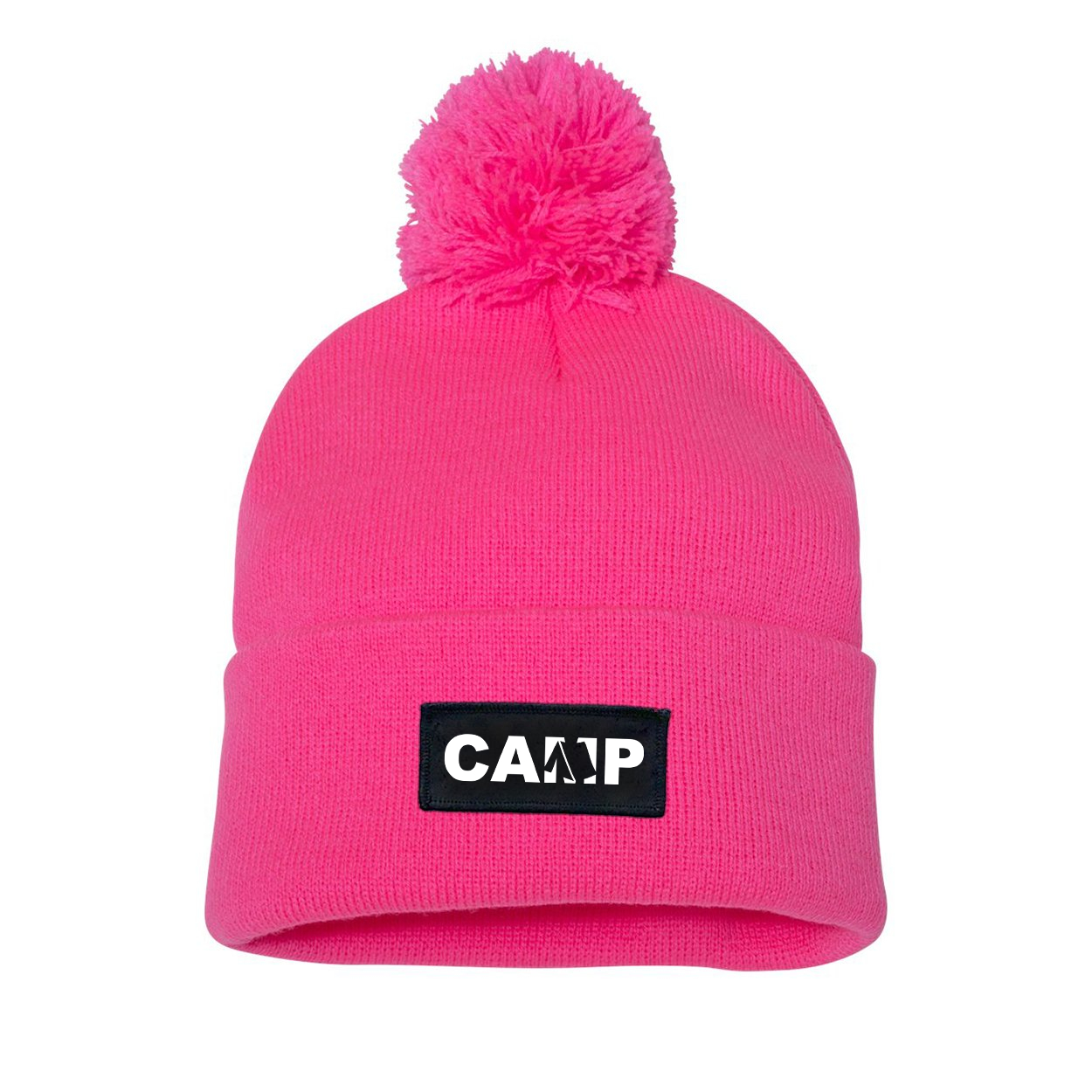 Camp Tent Logo Night Out Woven Patch Roll Up Pom Knit Beanie Pink (White Logo)