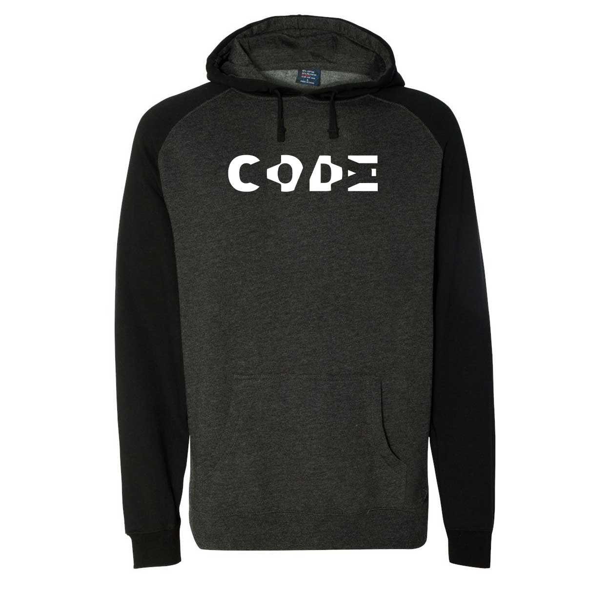 Code Tag Logo Classic Raglan Hooded Pullover Sweatshirt Charcoal/Heather Black (White Logo)