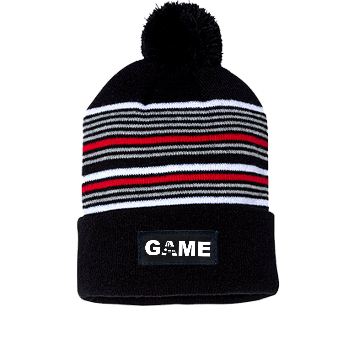 Game Controller Logo Night Out Woven Patch Roll Up Pom Knit Beanie Black/ White/ Grey/ Red Beanie (White Logo)