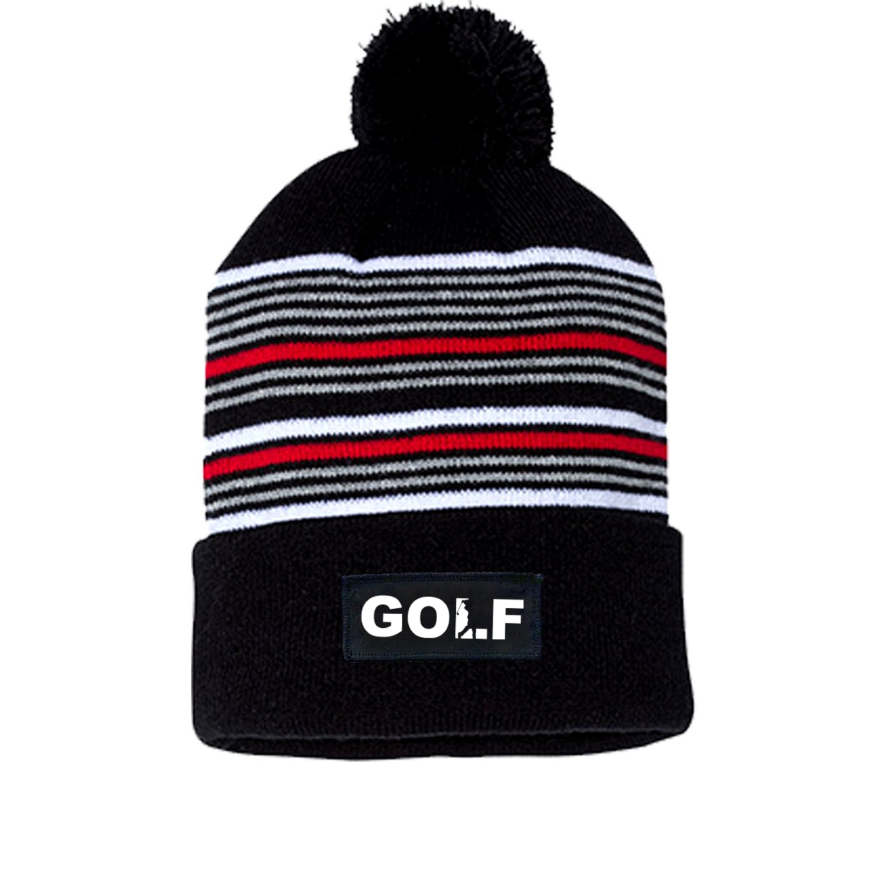 Golf Swing Logo Night Out Woven Patch Roll Up Pom Knit Beanie Black/ White/ Grey/ Red Beanie (White Logo)