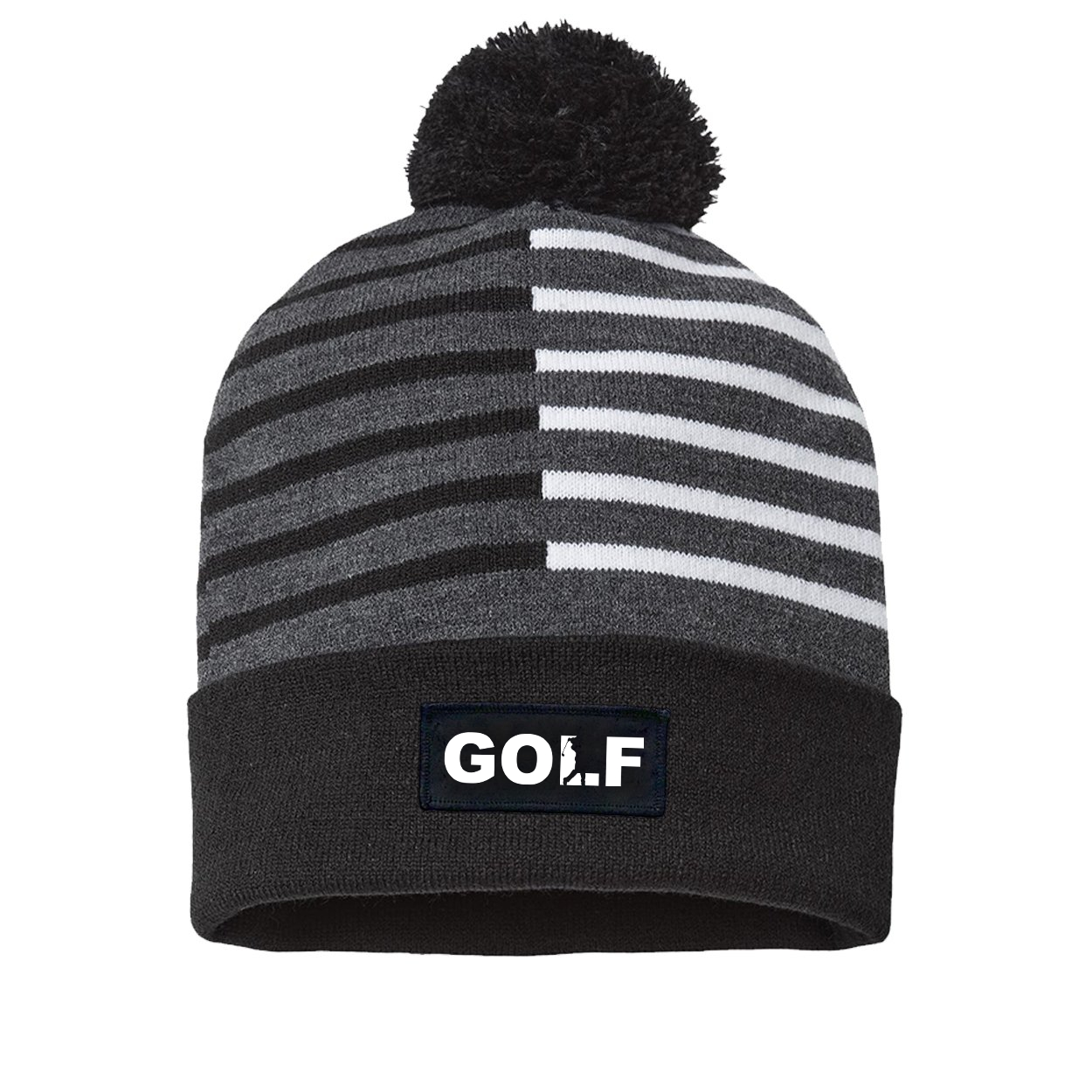 Golf Swing Logo Night Out Woven Patch Roll Up Pom Knit Beanie Half Color Black/White (White Logo)
