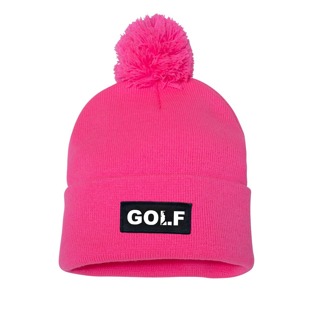 Golf Swing Logo Night Out Woven Patch Roll Up Pom Knit Beanie Pink (White Logo)