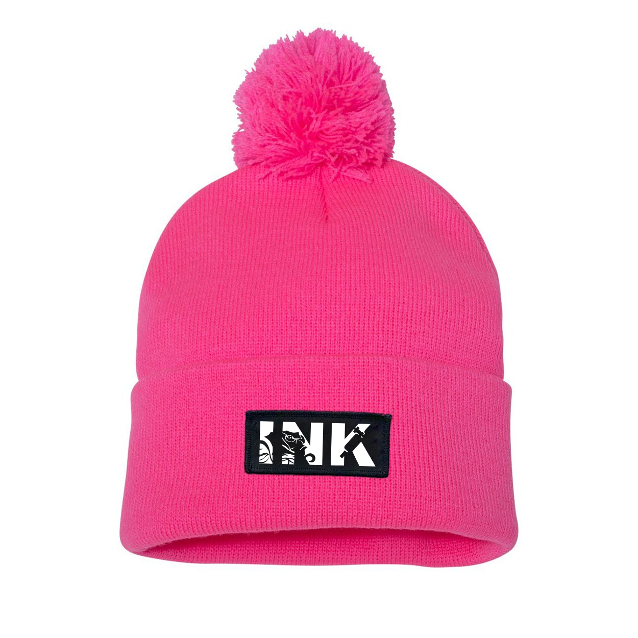 Ink Tattoo Logo Night Out Woven Patch Roll Up Pom Knit Beanie Pink (White Logo)